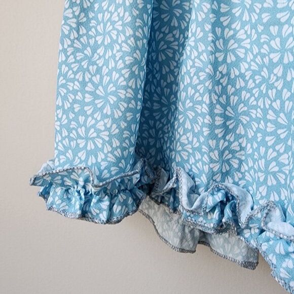 Ditsy Print Smocked Dress | Medium | Light Blue Ruffle Tie Straps Tiered Skirt - Picture 6 of 7